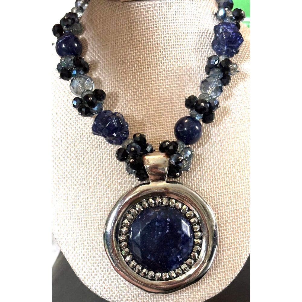 VTG Chunky Blue Beaded Statement Necklace Large Stone Boho Pendant